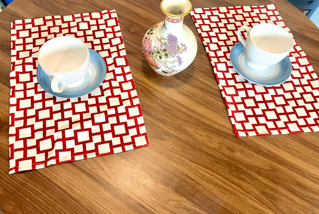 100% Linen Placemats Set Natural Fiber Table Decor USA Made Placemats: Red and Cream Off White