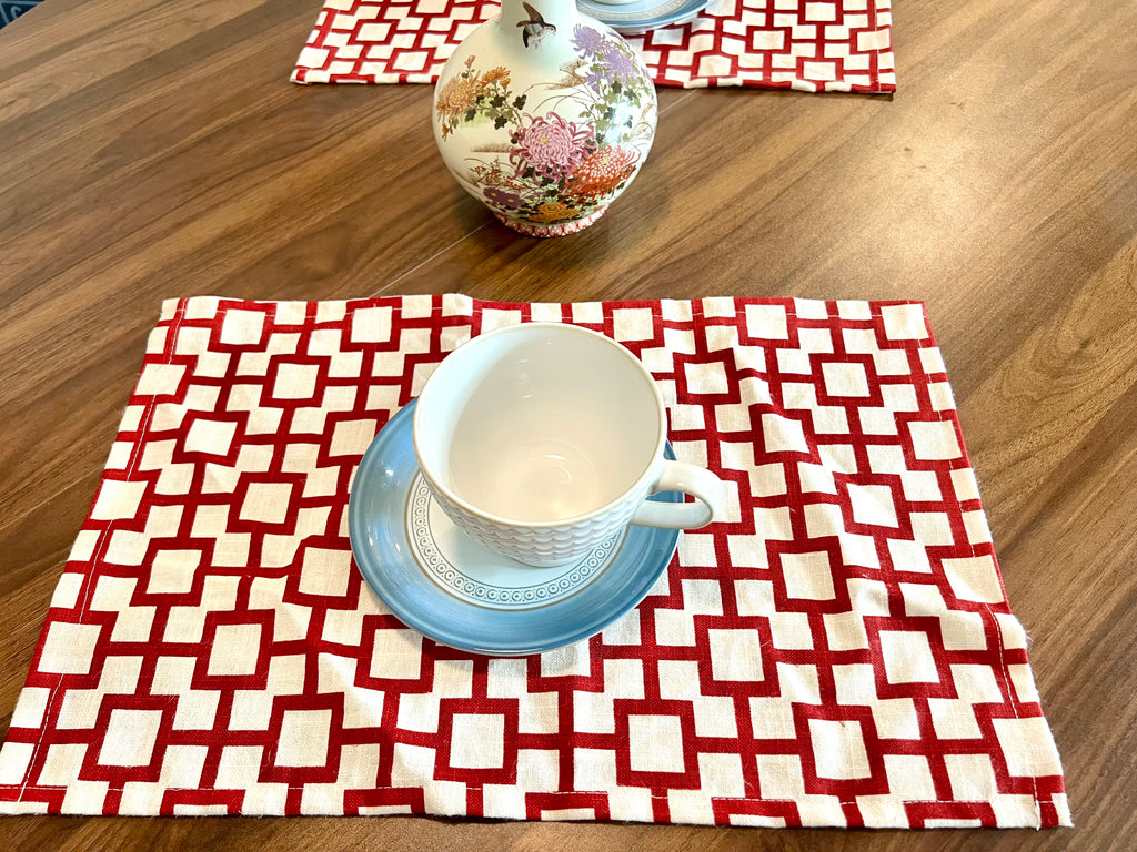 100% Linen Placemats Set Natural Fiber Table Decor USA Made Placemats: Red and Cream Off White