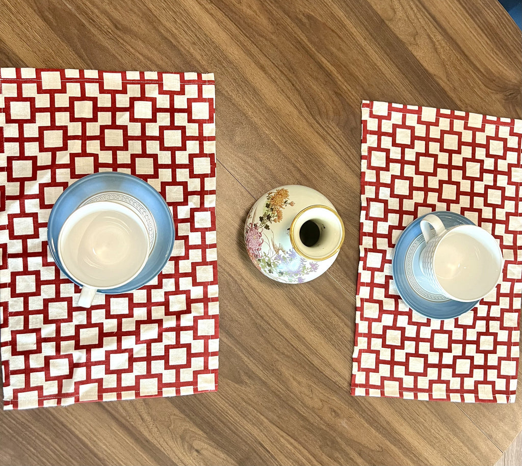 100% Linen Placemats Set Natural Fiber Table Decor USA Made Placemats: Red and Cream Off White